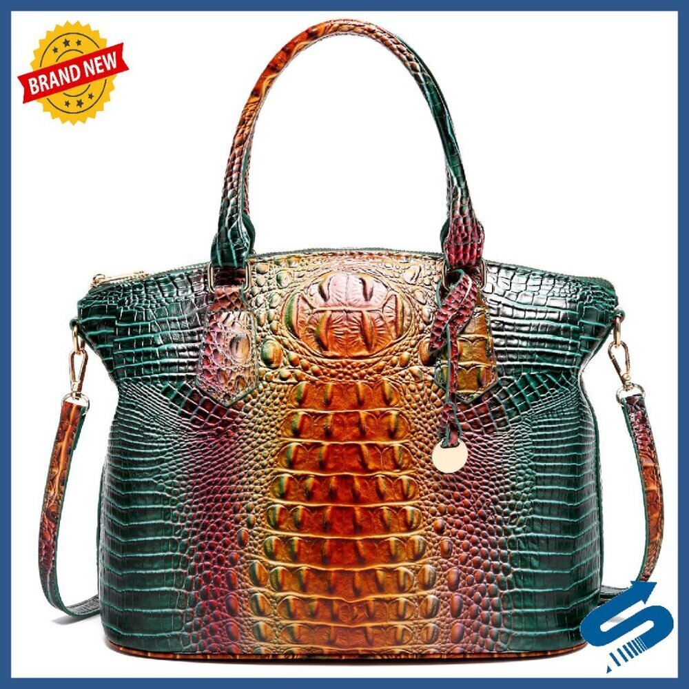 Vegan Leather Tote Crossbody Bag with Crocodile Print, 11.8x5.1x10.6